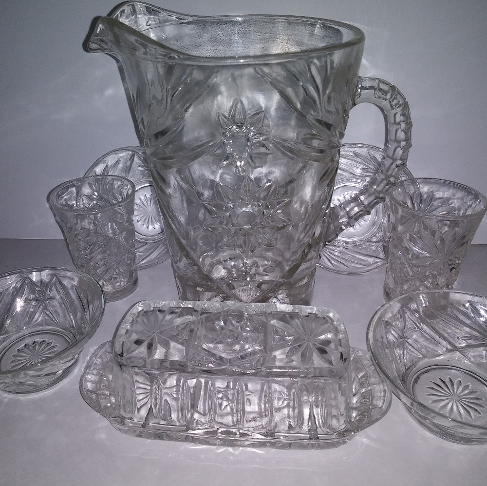 Star of David Pitcher, Bowls, Butter Dish, Glasses